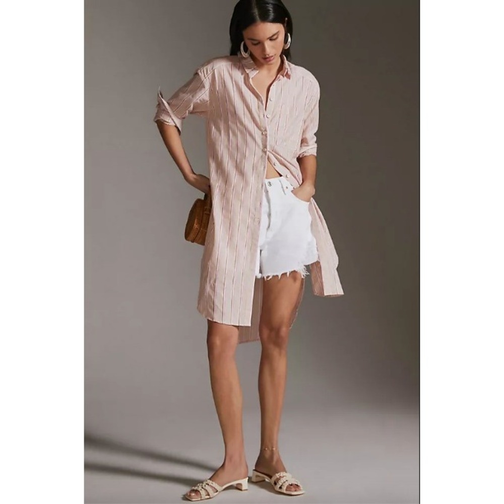 Anthropologie Striped Tunic Buttondown Cotton Neutral Pink Tan | Size M